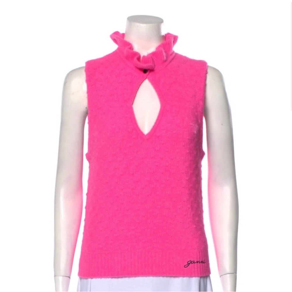 Pink Sleeveless Knit Top with Ruffle Neck